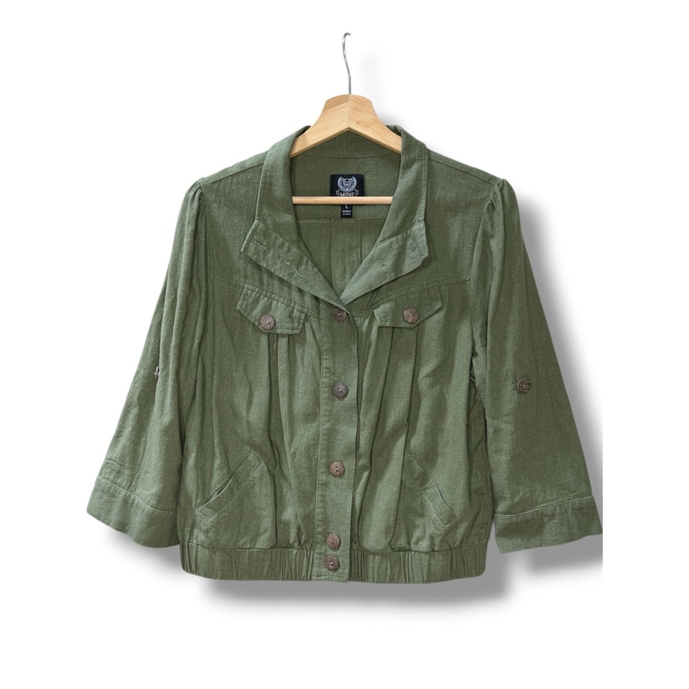 MINE Utility Jacket Roll Tab Sleeve Olive Green Cotton Linen Women's L Gorpcore
